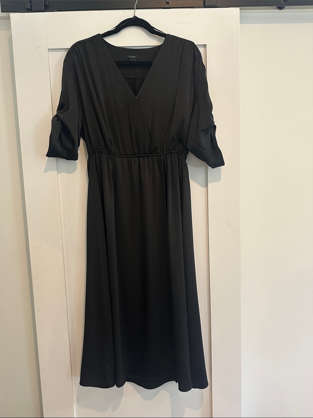 Halogen Black V-Neck Midi Dress with Elbow Sleeves